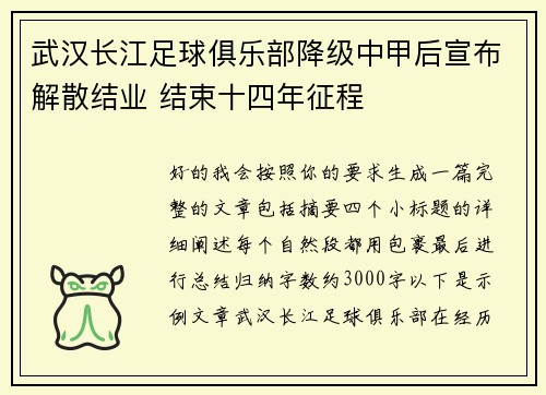 武汉长江足球俱乐部降级中甲后宣布解散结业 结束十四年征程